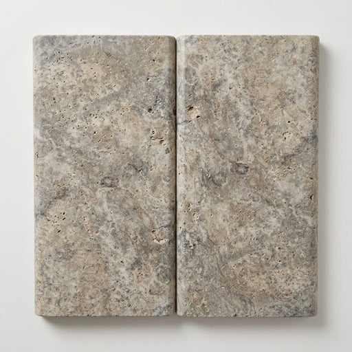 Silver Travertine Tumbled 12 x 24 x 1.25 Double Bullnose Coping 12x24 close-up