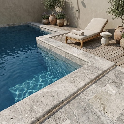 Silver Travertine Tumbled 12 x 24 x 1.25 Double Bullnose Coping 12x24 pool coping — Swimming Pool pool edge drop-face coping