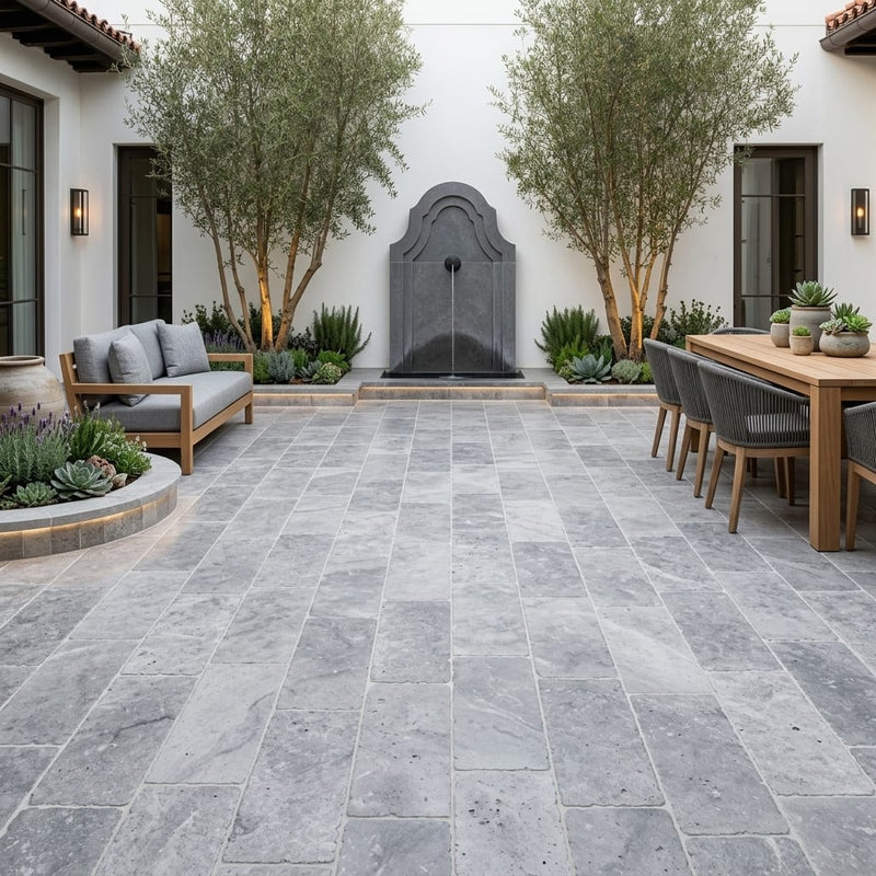 Silver Travertine Tumbled 12 x 24 x 1.25 Paver 12x24 — Courtyard paving