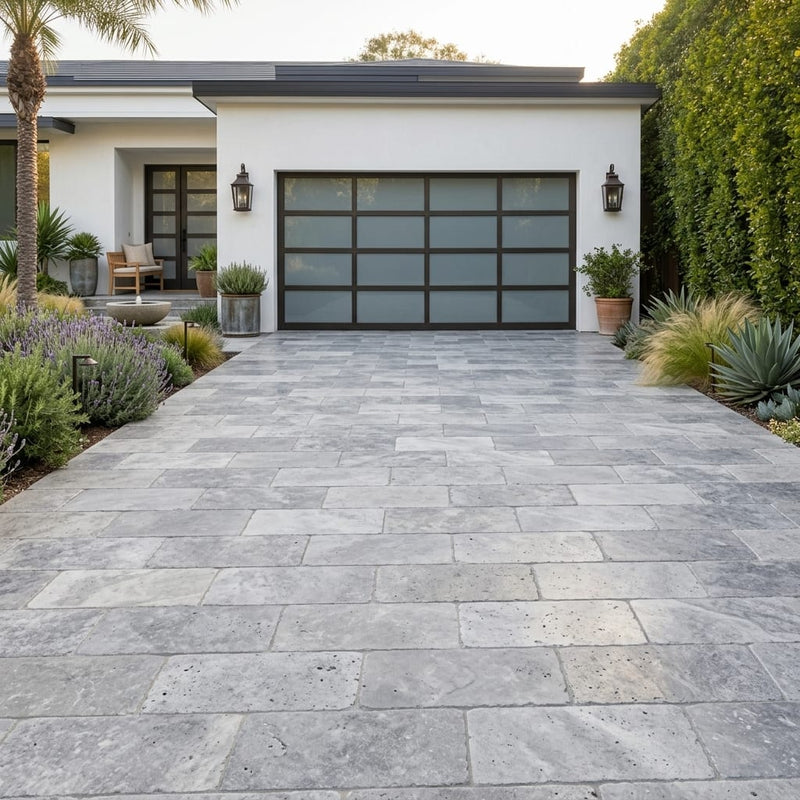 Silver Travertine Tumbled 12 x 24 x 1.25 Paver 12x24 — Front Yard driveway