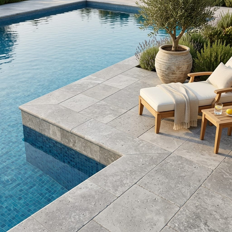 Silver Travertine Tumbled 12 x 24 x 2 Bullnose Coping 12x24 pool coping — Swimming Pool pool edge drop-face coping