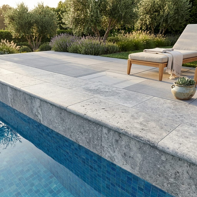 Silver Travertine Tumbled 12 x 24 x 2 Bullnose Coping 12x24 pool coping — Swimming Pool remodel pool edge