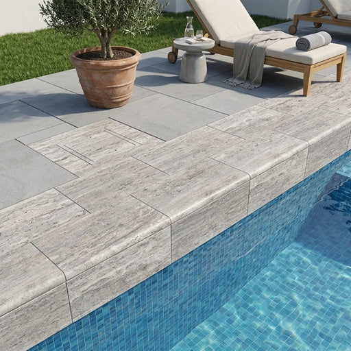 Silver Travertine Tumbled 12 x 24 x 2 Double Bullnose Coping 12x24 pool coping — Swimming Pool remodel pool edge