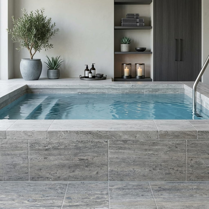 Silver Travertine Tumbled 12 x 24 x 2 Double Modern Coping 12x24 pool coping — Spa spa edge coping