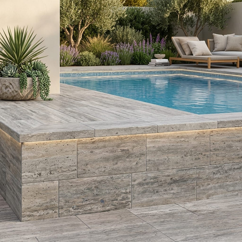 Silver Travertine Tumbled 12 x 24 x 2 Double Modern Coping 12x24 pool coping — Swimming Pool raised bond beam cap