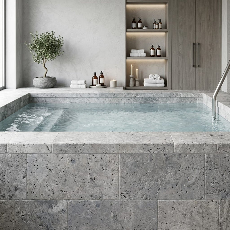Silver Travertine Tumbled 12 x 24 x 2 Modern Coping 12x24 pool coping — Spa spa edge coping