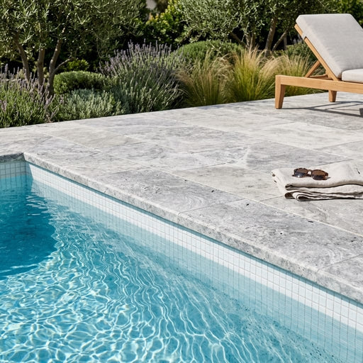 Silver Travertine Tumbled 16 x 24 x 1.25 Double Bullnose Coping 16x24 pool coping — Swimming Pool pool edge drop-face coping