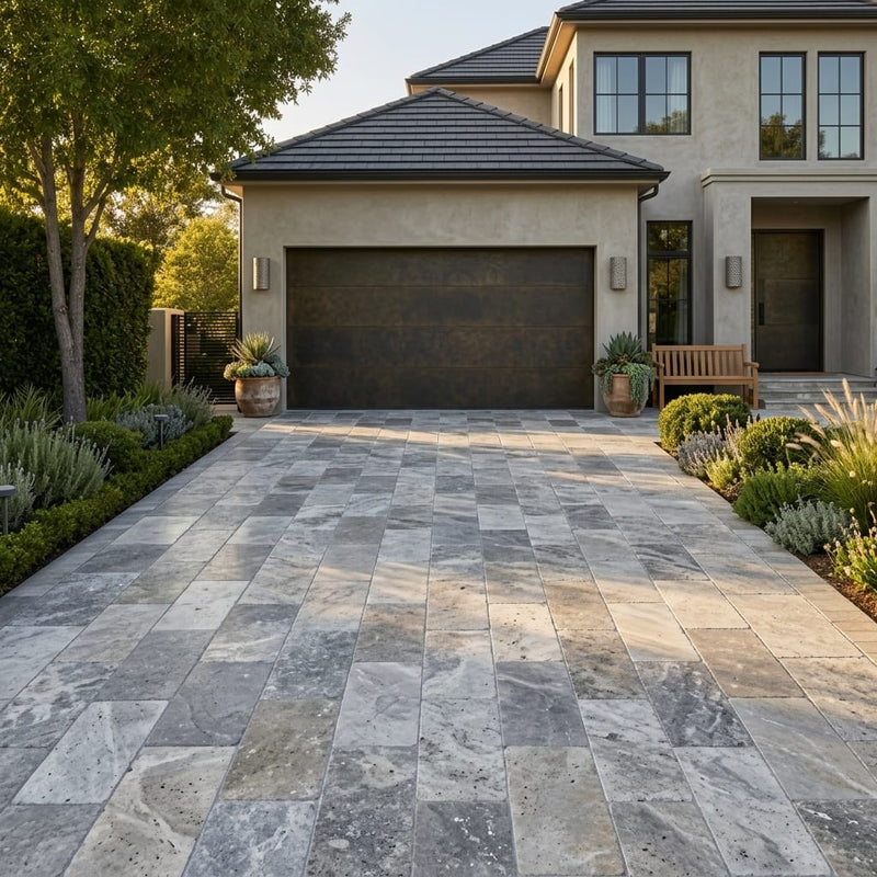 Silver Travertine Tumbled 16 x 24 x 1.25 Paver 16x24 — Front Yard driveway