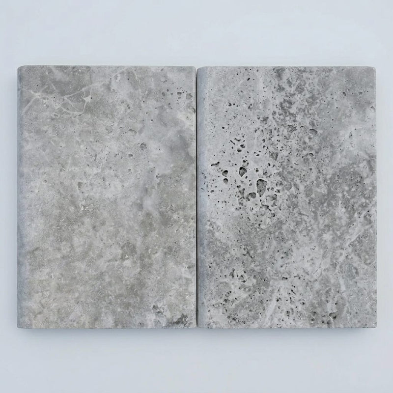 Silver Travertine Tumbled 16 x 24 x 2 Bullnose Coping 16x24 close-up