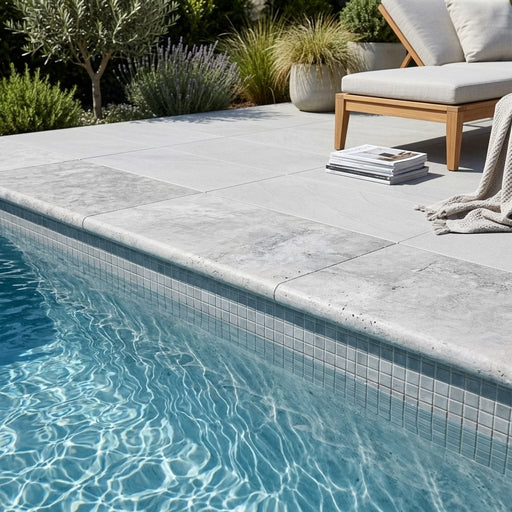 Silver Travertine Tumbled 16 x 24 x 2 Double Bullnose Coping 16x24 pool coping — Swimming Pool pool edge drop-face coping