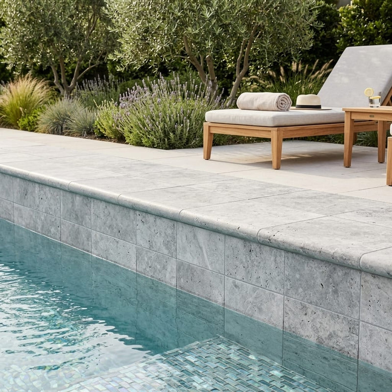 Silver Travertine Tumbled 16 x 24 x 2 Double Bullnose Coping 16x24 pool coping — Swimming Pool remodel pool edge