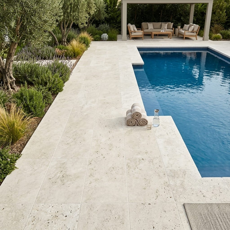 Silver Travertine Tumbled 16 x 24 x 2 Modern Coping 16x24 pool coping — Swimming Pool pool edge coping