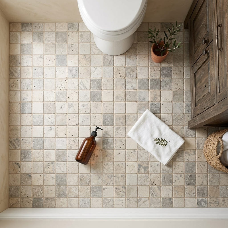 Silver Travertine Tumbled 2 x 2 Square Mosaic 2x2 — Bathroom floor