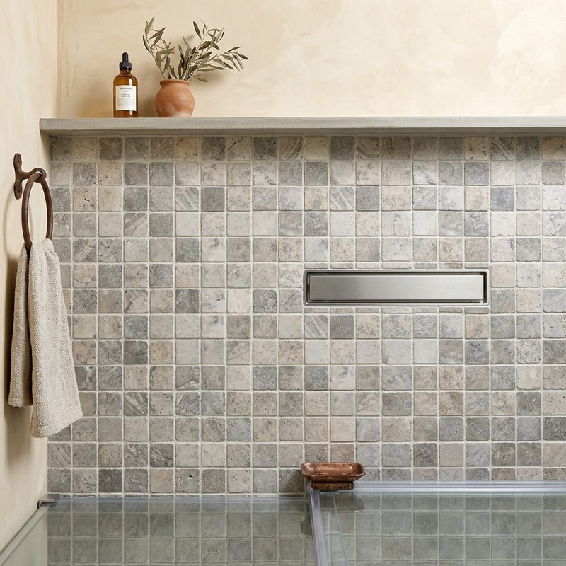 Silver Travertine Tumbled 2 x 2 Square Mosaic 2x2 — Bathroom shower floor