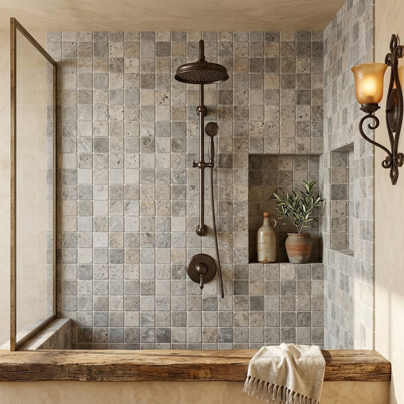 Silver Travertine Tumbled 2 x 2 Square Mosaic 2x2 — Bathroom shower wall