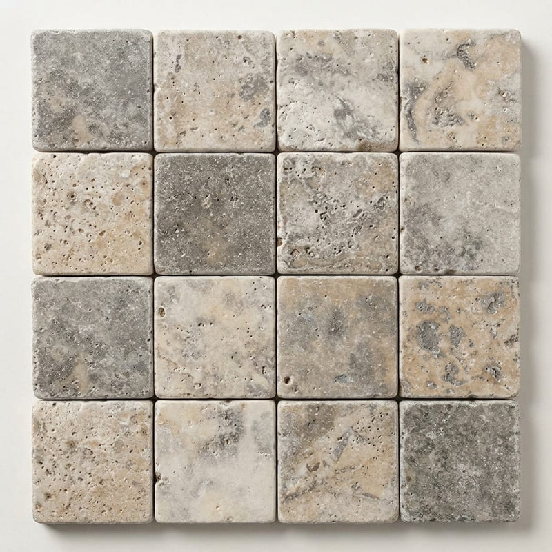 Silver Travertine Tumbled 2 x 2 Square Mosaic 2x2 close-up