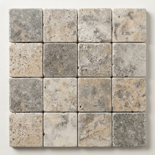 Silver Travertine Tumbled 2 x 2 Square Mosaic 2x2 close-up