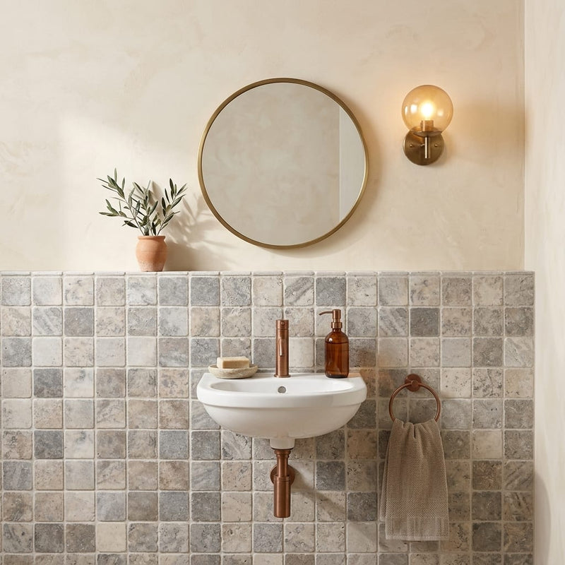 Silver Travertine Tumbled 2 x 2 Square Mosaic 2x2 — Powder Room wall