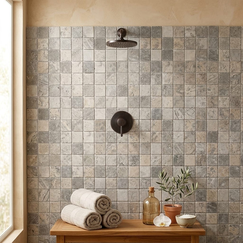 Silver Travertine Tumbled 2 x 2 Square Mosaic 2x2 — Spa spa interior