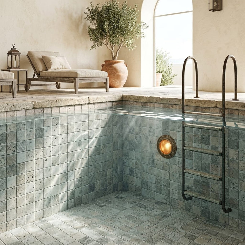 Silver Travertine Tumbled 2 x 2 Square Mosaic 2x2 — Swimming Pool pool interior tiling