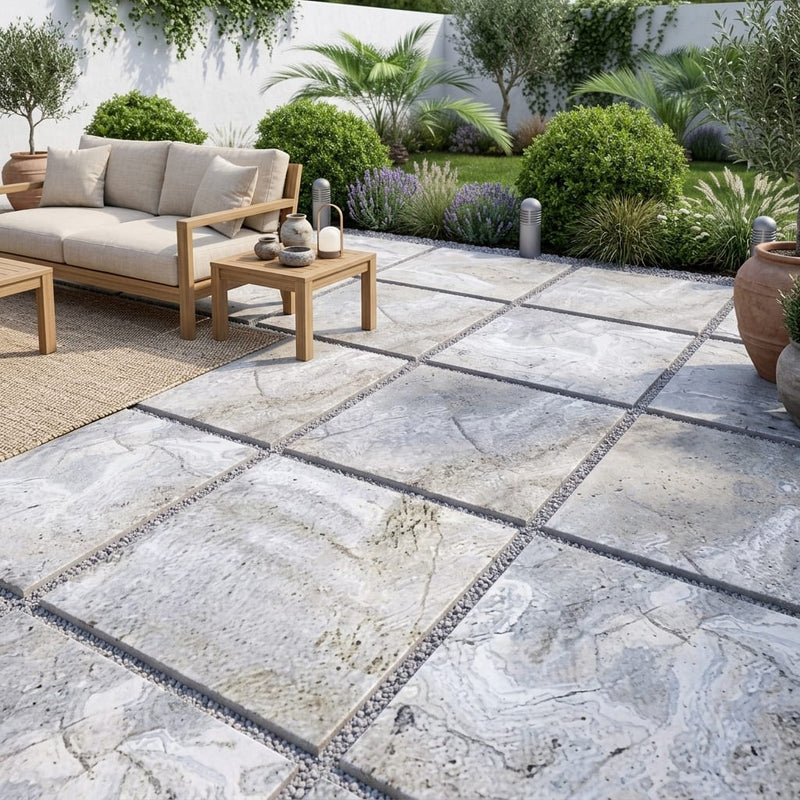 Silver Travertine Tumbled 24 x 24 x 1.25 Paver 24x24 — Backyard patio