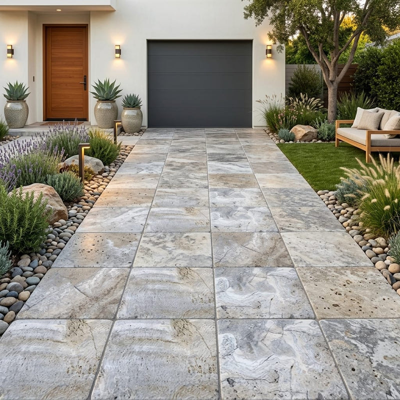 Silver Travertine Tumbled 24 x 24 x 1.25 Paver 24x24 — Front Yard driveway