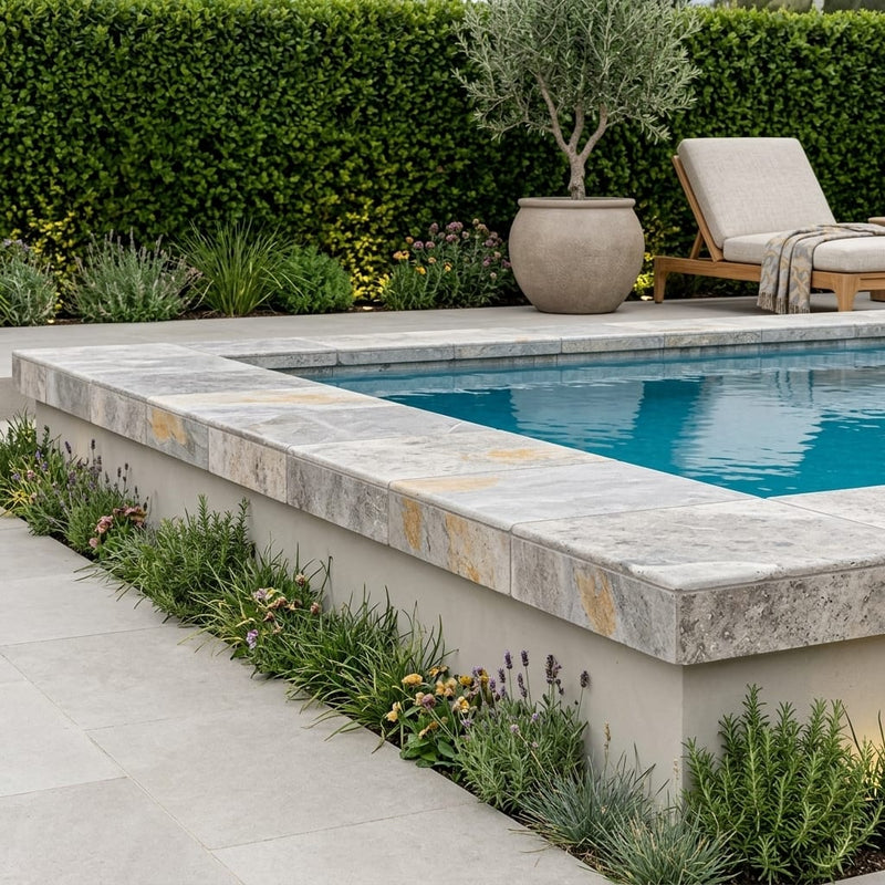 Silver Travertine Tumbled 24 x 24 x 2 4-SIDED Modern Coping 24x24 pool coping — Swimming Pool raised bond beam cap