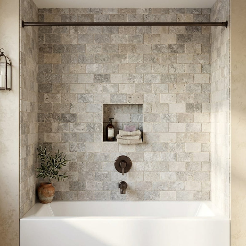 Silver Travertine Tumbled 3 x 6 x 3/8 Cross Cut Tile 3x6 — Bathroom tub surround