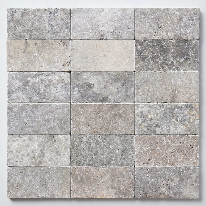 Silver Travertine Tumbled 3 x 6 x 3/8 Cross Cut Tile 3x6 close-up