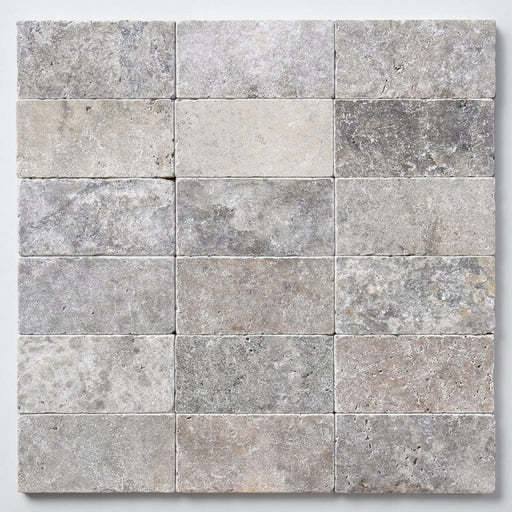 Silver Travertine Tumbled 3 x 6 x 3/8 Cross Cut Tile 3x6 close-up