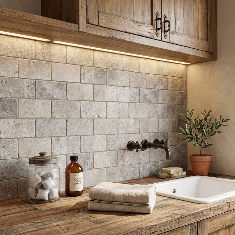 Silver Travertine Tumbled 3 x 6 x 3/8 Cross Cut Tile 3x6 — Laundry Room backsplash