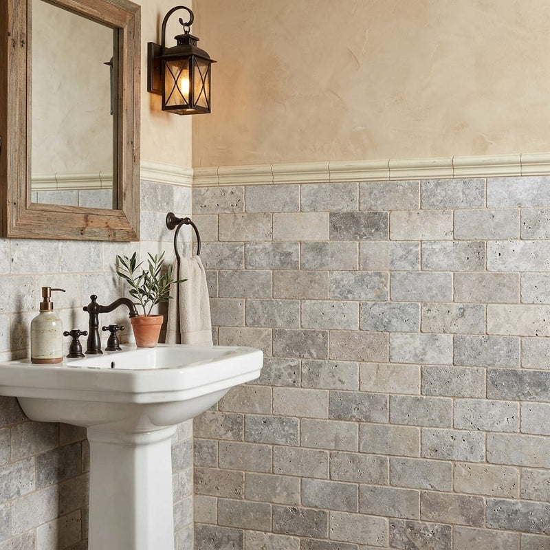 Silver Travertine Tumbled 3 x 6 x 3/8 Cross Cut Tile 3x6 — Powder Room wainscot