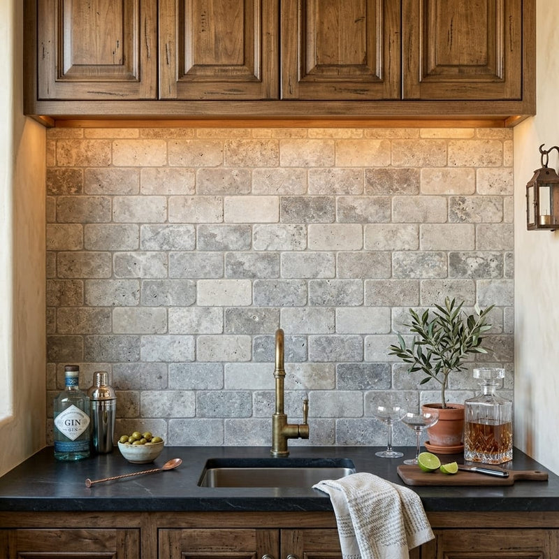 Silver Travertine Tumbled 3 x 6 x 3/8 Cross Cut Tile 3x6 — Wet Bar backsplash