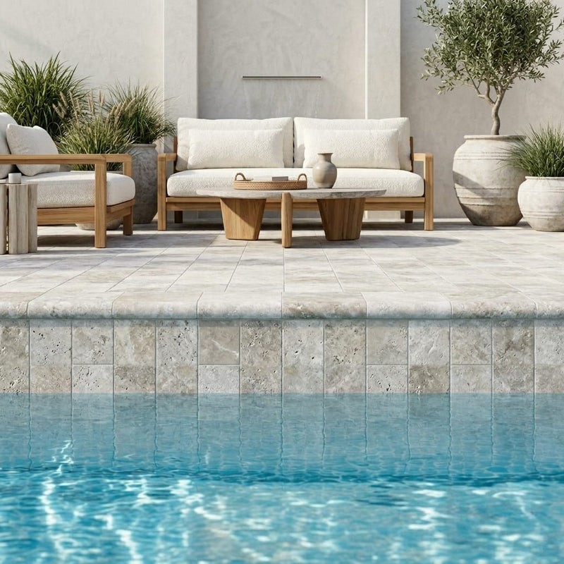 Silver Travertine Tumbled 4 x 12 x 2 Bullnose Coping 4x12 pool coping — Swimming Pool remodel pool edge