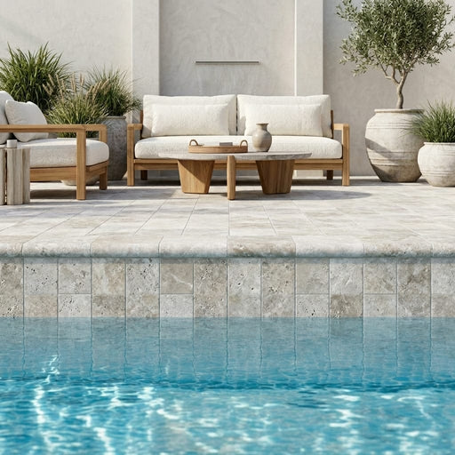 Silver Travertine Tumbled 4 x 12 x 2 Bullnose Coping 4x12 pool coping — Swimming Pool remodel pool edge