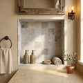 Silver Travertine Tumbled 4 x 4 x 3/8 Cross Cut Tile 4x4 — Bathroom niche