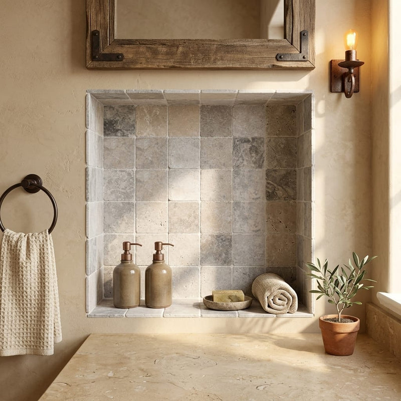 Silver Travertine Tumbled 4 x 4 x 3/8 Cross Cut Tile 4x4 — Bathroom niche