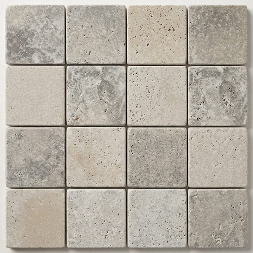 Silver Travertine Tumbled 4 x 4 x 3/8 Cross Cut Tile 4x4 close-up