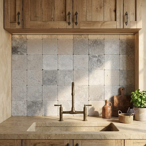 Silver Travertine Tumbled 4 x 4 x 3/8 Cross Cut Tile 4x4 — Kitchen backsplash