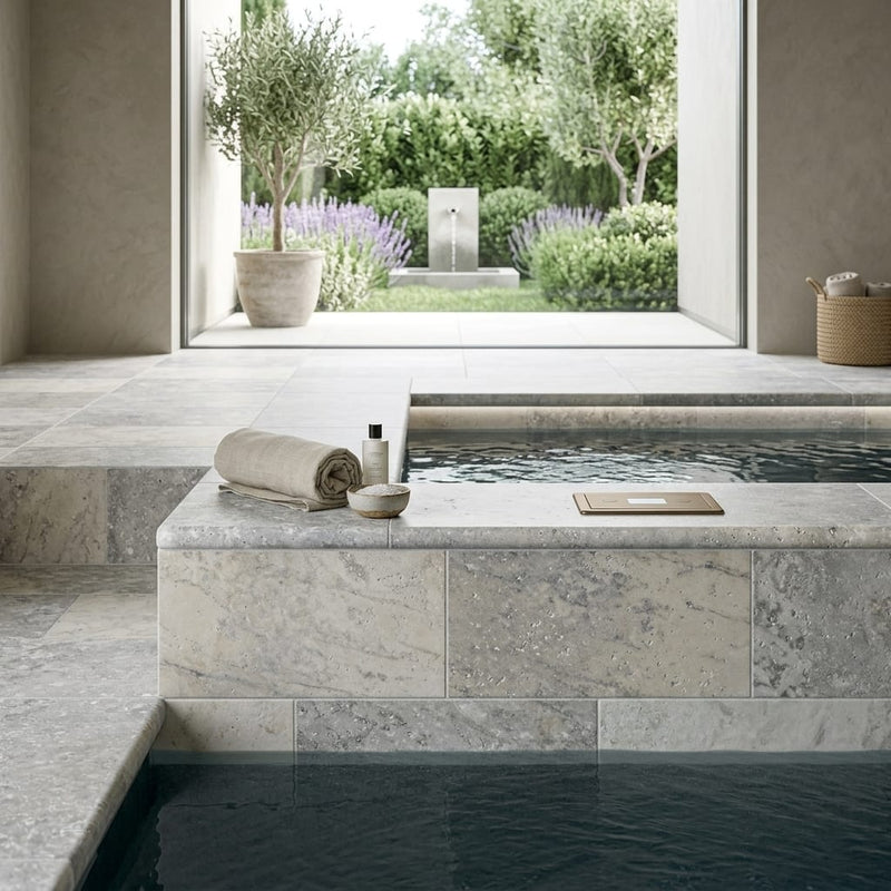 Silver Travertine Tumbled 6 x 12 x 1.25 Bullnose Coping 6x12 pool coping — Spa spa overhang edge