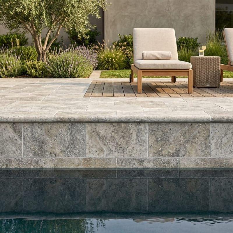 Silver Travertine Tumbled 6 x 12 x 1.25 Bullnose Coping 6x12 pool coping — Swimming Pool pool edge drop-face coping