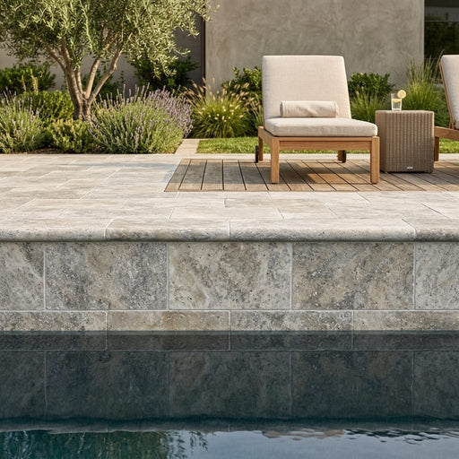 Silver Travertine Tumbled 6 x 12 x 1.25 Bullnose Coping 6x12 pool coping — Swimming Pool pool edge drop-face coping