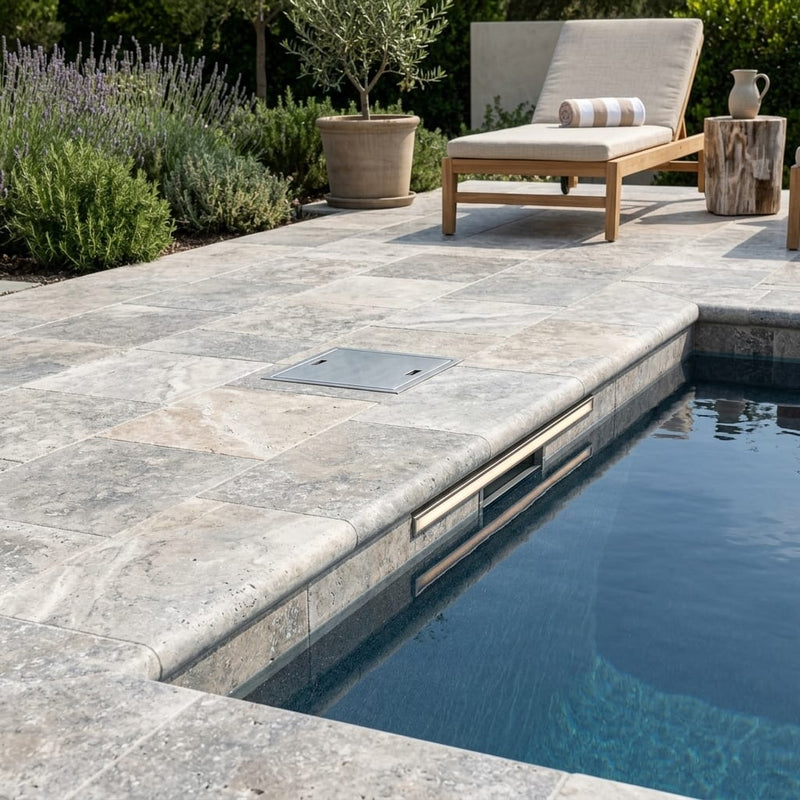 Silver Travertine Tumbled 6 x 12 x 1.25 Bullnose Coping 6x12 pool coping — Swimming Pool remodel pool edge