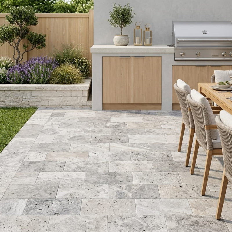 Silver Travertine Tumbled 6 x 12 x 1.25 Paver 6x12 — Backyard patio