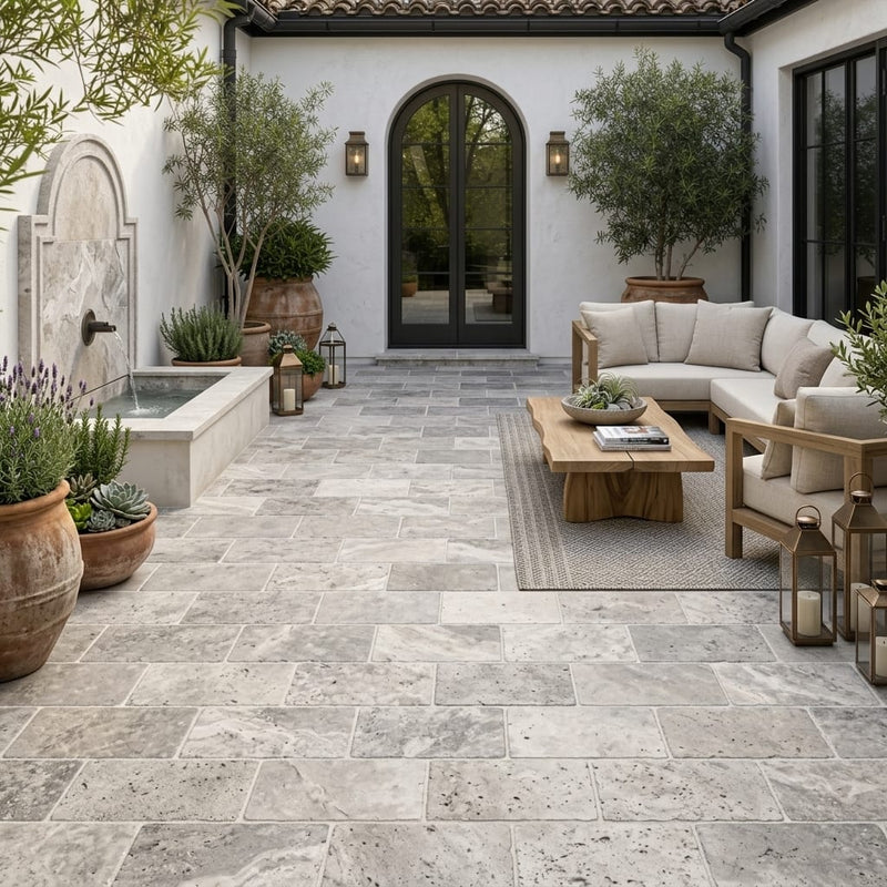 Silver Travertine Tumbled 6 x 12 x 1.25 Paver 6x12 — Courtyard paving