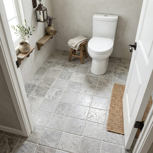 Silver Travertine Tumbled 6 x 6 x 3/8 Cross Cut Tile 6x6 — Bathroom floor