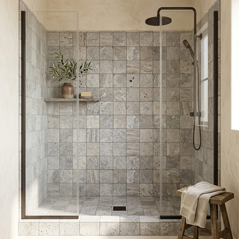 Silver Travertine Tumbled 6 x 6 x 3/8 Cross Cut Tile 6x6 — Bathroom shower floor