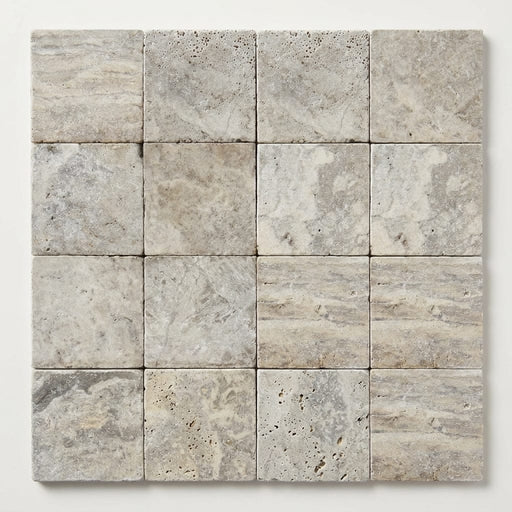 Silver Travertine Tumbled 6 x 6 x 3/8 Cross Cut Tile 6x6 close-up