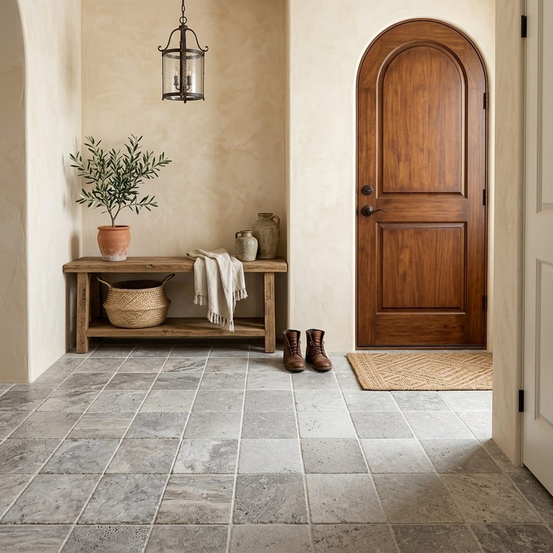 Silver Travertine Tumbled 6 x 6 x 3/8 Cross Cut Tile 6x6 — Mudroom floor