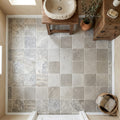 Silver Travertine Tumbled 6 x 6 x 3/8 Cross Cut Tile 6x6 — Powder Room floor